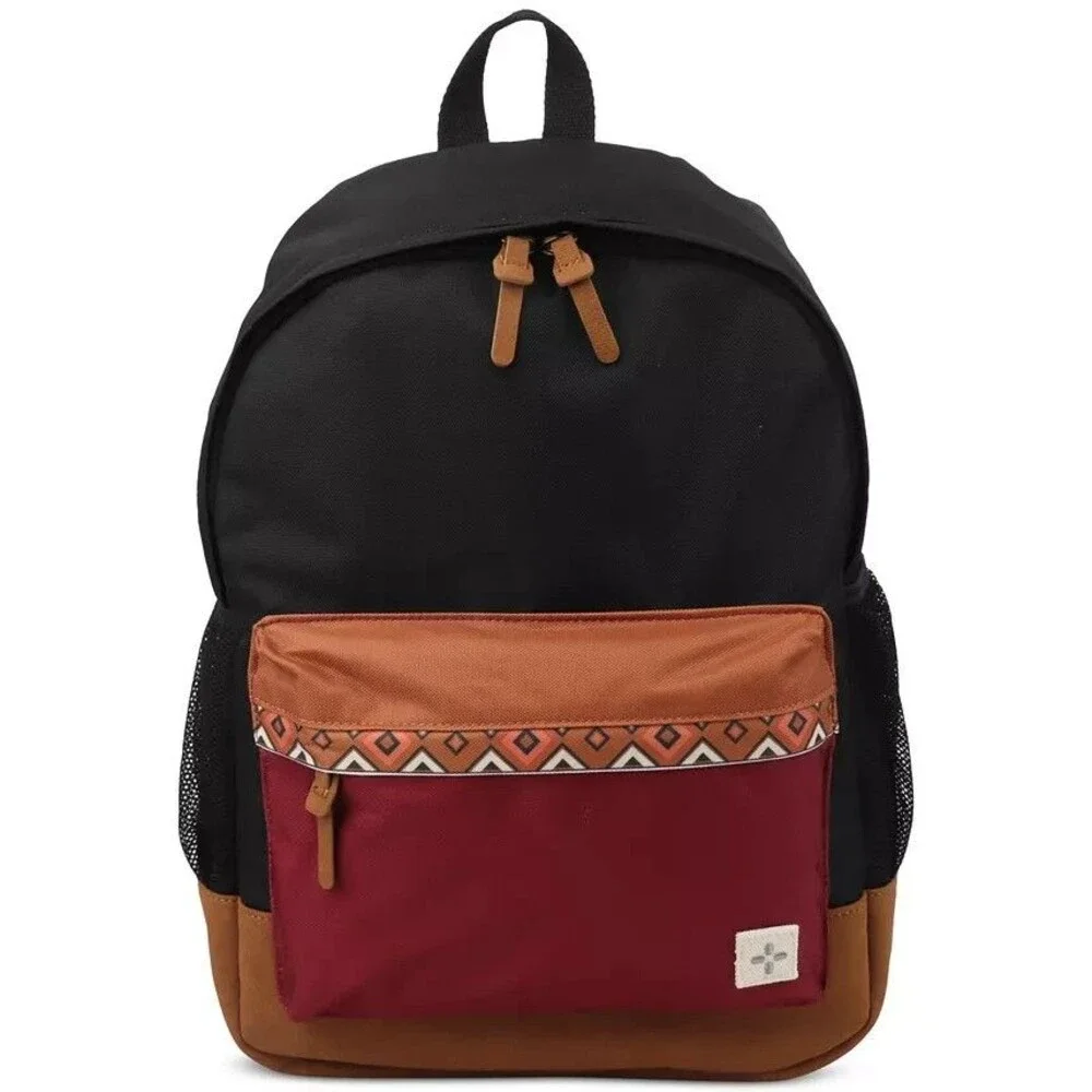 SUN + STONE Black Maroon Backpack Colorblock Canvas School Laptop Bookbag RILEY
